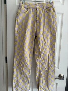 Ragged Jeans Checkerboard Pants Women's Size 30 Yellow & Lilac Plaid Denim